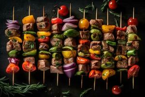 Skewers filled with colorful vegetables and meat, ready to be grilled. Generative AI photo