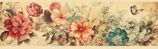 Summer flowers love concept banner watercolor on retro paper. Generative AI photo