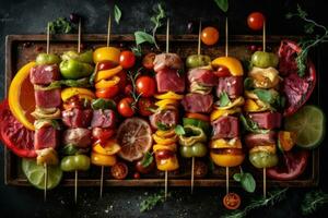 Skewers filled with colorful vegetables and meat, ready to be grilled. Generative AI photo