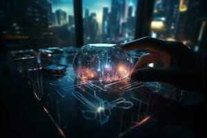Close up hands of Businessman holding global network connection on social networking hologram. Generative AI. photo