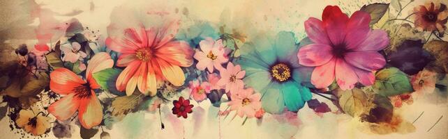 Summer flowers love concept banner watercolor on retro paper. Generative AI photo