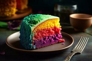 Colorful rainbow cake, resting on a plate. The cake's intricate layers and vibrant hues create a feast for the eyes. Concept simple pleasures in life. Generative AI photo