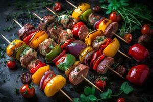 Skewers filled with colorful vegetables and meat, ready to be grilled. Generative AI photo