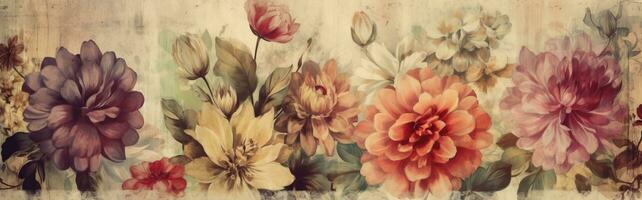 Summer flowers wallpaper watercolor on retro paper. Generative Ai photo