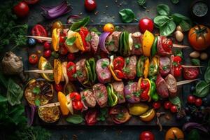 Skewers filled with colorful vegetables and meat, ready to be grilled. Generative AI photo