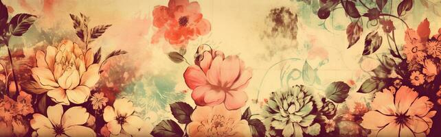 Summer flowers love concept banner watercolor on retro paper. Generative AI photo