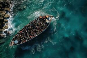 Top view of Mediterranean migrants into the sea with their boat during illegal immigration. Generative AI photo