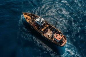 Top view of Mediterranean migrants into the sea with their boat during illegal immigration. Generative AI photo