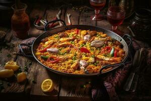 Spanish paella on dark wooden table with ingredients. Generative AI. photo