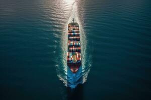 Aerial view of cargo ships that run in the middle of the ocean are transported container to the port. Generative AI photo