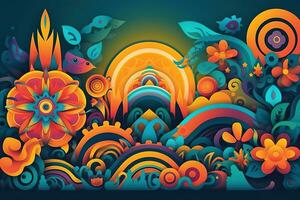 Vector paper cutout psychedelic colorful illustration. Concept peace and love sixties photo