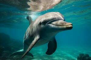 Happy dolphin swimming in bright clear turquese water. Generative AI photo