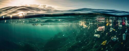 Plastic bottles and plastic bags floating in ocean. Ocean pollution ecology concept. Generative AI. photo