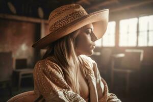 A blonde woman wearing a straw hat. She has long blonde hair and is wearing a pastel summer clothes. Generative AI photo