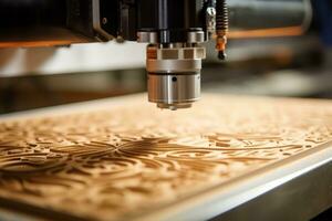 un de cerca Disparo de un cnc máquina en acción, corte intrincado patrones dentro un de madera superficie con alto precisión. generativo ai foto