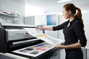 mujer trabajador creando visual soluciones para digital y impresión medios de comunicación. Disparo de mujer diseñador durante producción en vinilo bandera. generativo ai. foto