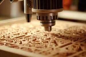 A close-up shot of a CNC machine in action, cutting intricate patterns into a wooden surface with high precision. Generative AI photo