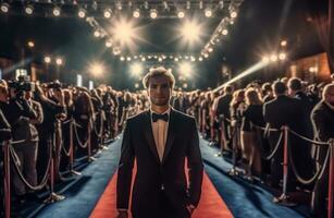 un glamoroso celebridad posando para paparazzi imágenes en el rojo alfombra a un premios espectáculo. generativo ai foto