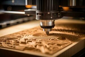 A close-up shot of a CNC machine in action, cutting intricate patterns into a wooden surface with high precision. Generative AI photo