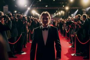 A glamourous celebrity posing for paparazzi pictures on the red carpet at an awards show. Generative AI photo