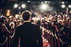 un glamoroso celebridad posando para paparazzi imágenes en el rojo alfombra a un premios espectáculo. generativo ai foto