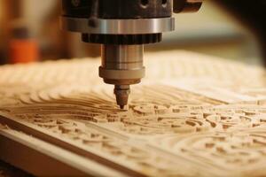 A close-up shot of a CNC machine in action, cutting intricate patterns into a wooden surface with high precision. Generative AI photo