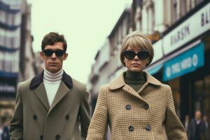 A stylish couple in trendy 1960s fashion walking down a bustling London street, showcasing the iconic mod style of the era. Generative Ai photo