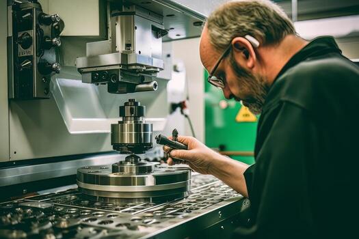 A worker using specialized tools to inspect the quality and accuracy of a product manufactured using CNC technology. Generative AI photo