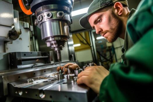A worker using specialized tools to inspect the quality and accuracy of a product manufactured using CNC technology. Generative AI photo