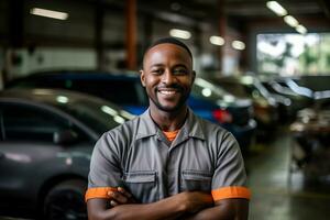 publicidad retrato Disparo de un coche mecánico en frente de el garaje . generativo ai foto