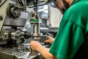 A worker using specialized tools to inspect the quality and accuracy of a product manufactured using CNC technology. Generative AI photo