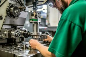 un trabajador utilizando especializado herramientas a inspeccionar el calidad y exactitud de un producto fabricado utilizando cnc tecnología. generativo ai foto