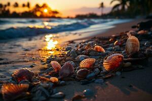 A beach sunset scene with a layer overlay of palm leaves and seashells, evoking a tropical and relaxing ambiance. Generative AI photo