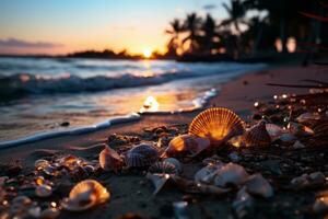 A beach sunset scene with a layer overlay of palm leaves and seashells, evoking a tropical and relaxing ambiance. Generative AI photo