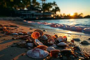 A beach sunset scene with a layer overlay of palm leaves and seashells, evoking a tropical and relaxing ambiance. Generative AI photo