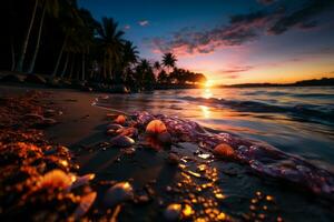A beach sunset scene with a layer overlay of palm leaves and seashells, evoking a tropical and relaxing ambiance. Generative AI photo