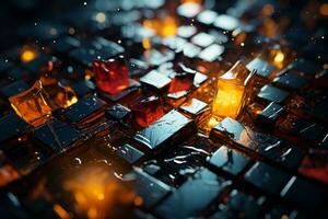 Abstract 3d render composition of colorful glossy cubes. The cubes vary in size, shape, and color, creating a vibrant and dynamic scene. Generative AI photo