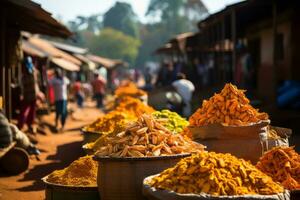 A bustling market scene featuring piles of curcuma spice, reflecting its importance in international commerce. Generative Ai photo