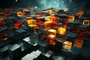 Abstract 3d render composition of colorful glossy cubes. The cubes vary in size, shape, and color, creating a vibrant and dynamic scene. Generative AI photo