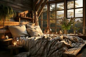 A charming rustic farmhouse bedroom with reclaimed wood furniture, cozy textiles, and vintage touches, epitomizing rustic charm and comfort. Generative AI photo