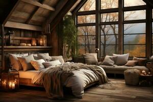 A charming rustic farmhouse bedroom with reclaimed wood furniture, cozy textiles, and vintage touches, epitomizing rustic charm and comfort. Generative AI photo