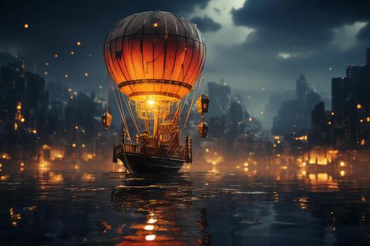 A cityscape at night with an unexpected element of a hot air balloon floating gracefully above the skyscrapers, symbolizing adventure and innovation. Generative Ai photo