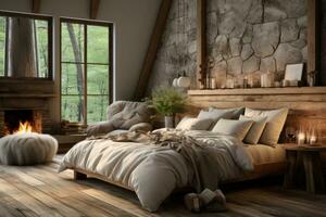 A charming rustic farmhouse bedroom with reclaimed wood furniture, cozy textiles, and vintage touches, epitomizing rustic charm and comfort. Generative AI photo