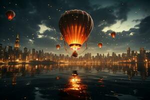 A cityscape at night with an unexpected element of a hot air balloon floating gracefully above the skyscrapers, symbolizing adventure and innovation. Generative Ai photo