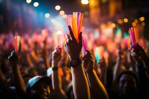 A close-up shot of hands holding glow sticks in the air at a rave party with a blurry crowd of people dancing in the background. Generative AI photo