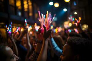 A close-up shot of hands holding glow sticks in the air at a rave party with a blurry crowd of people dancing in the background. Generative AI photo