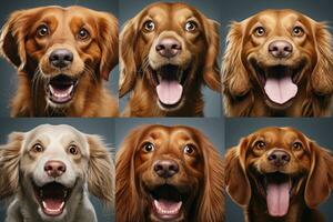 un collage de gracioso primeros planos exhibiendo perros con peculiar facial expresiones, Por supuesto a traer un sonrisa a de cualquiera rostro. generativo ai foto