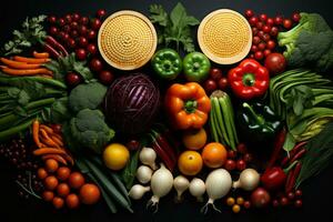 un collage de varios frutas y vegetales arreglado en contrastando colores, exhibiendo el belleza de natural diversidad. generativo ai foto