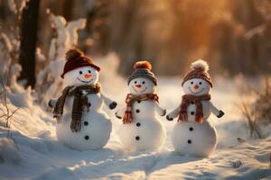 A collection of snowmen engaged in funny activities, like having snowball fights or wearing quirky accessories, making for a charming and amusing scene. Generative AI photo