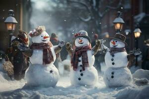 A collection of snowmen engaged in funny activities, like having snowball fights or wearing quirky accessories, making for a charming and amusing scene. Generative AI photo